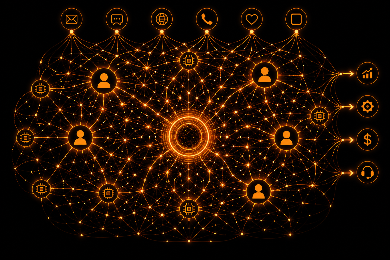 Mesh signal network connecting channels, teams, and outcomes.
